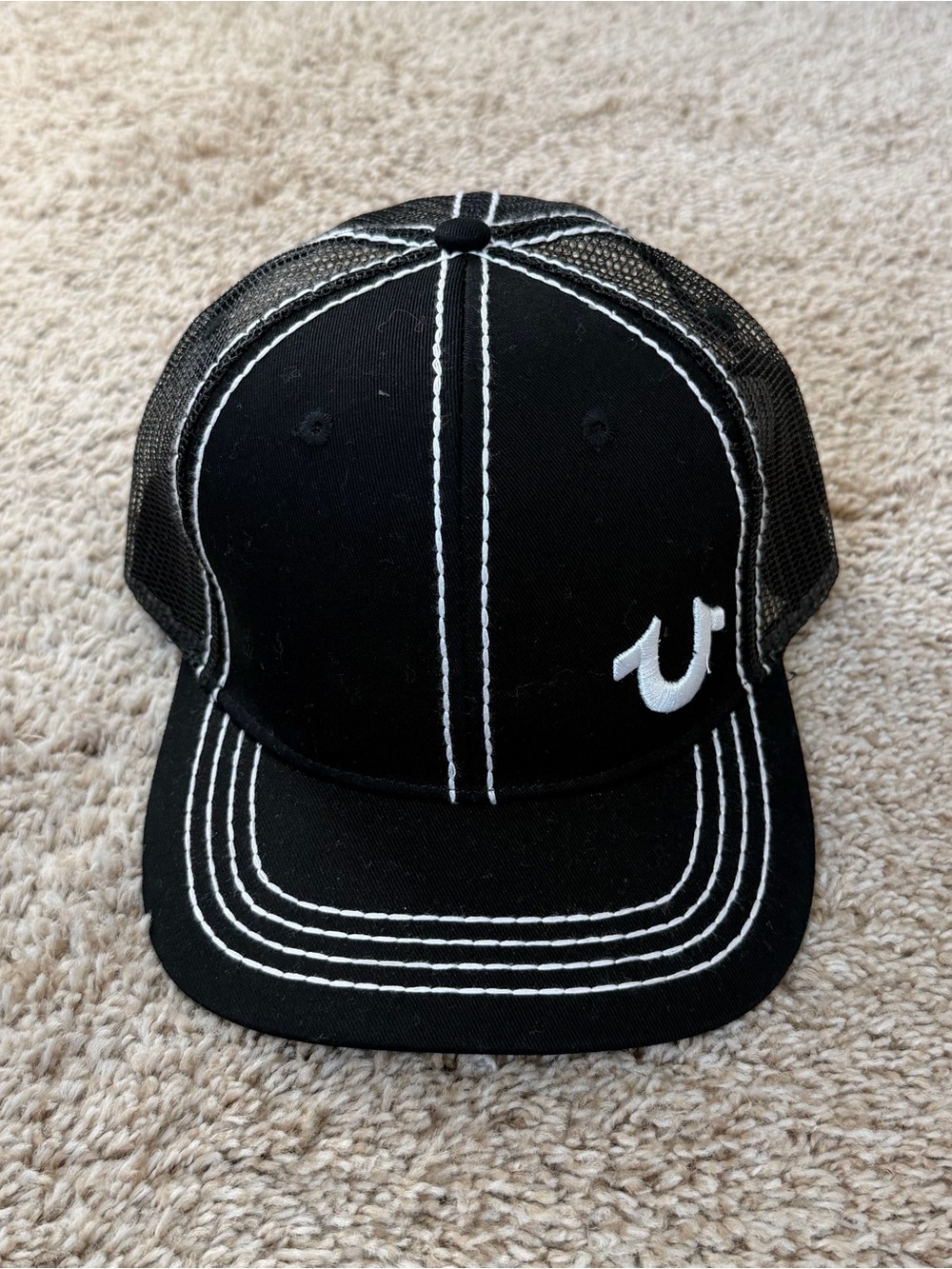 True Religion Black Trucker Cap with White Stitching